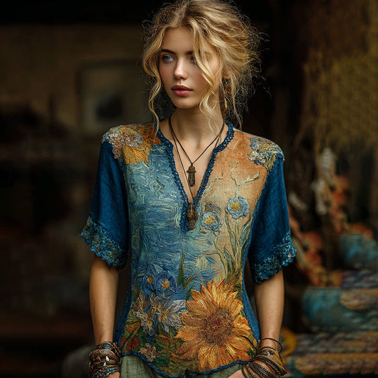 Starry Sky Iris Sunflower Gradient Oil Painting V-neck Shirt artswardrobe
