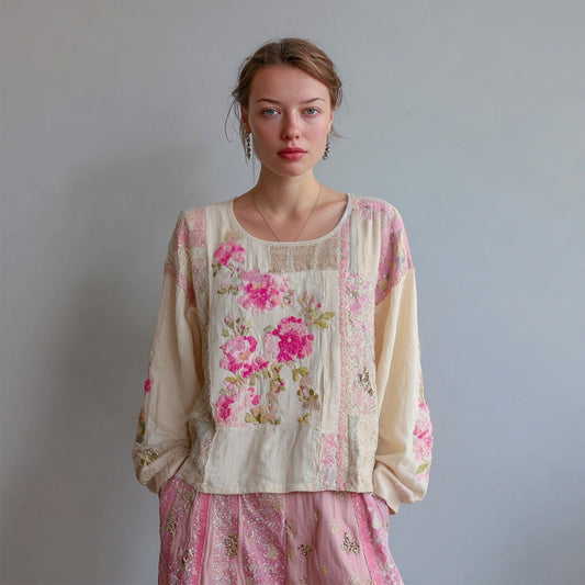 Comstylish Boho Pink Floral Embroidered Patchwork Linen Shirt