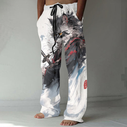 Japanese Kimono Samurai Cat Ink Art Linen Blend Cozy Pants elevenforest