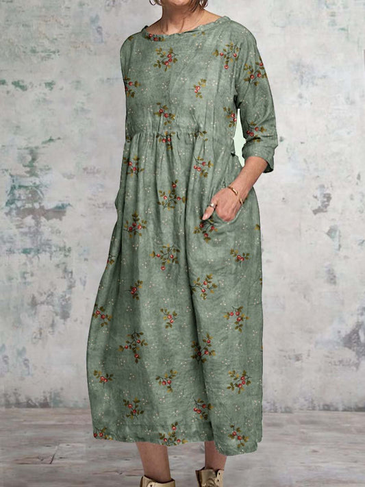 Women's Classic Floral Pattern Round Neck Cotton and Linen Top with Pockets