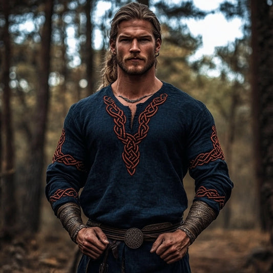 Men's Vintage Viking Celtic Knot Totem Linen V-neck Shirt artswardrobe