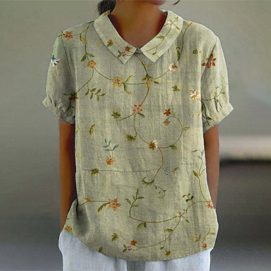 Comstylish Women's Flower Art Print Casual Cotton Linen Shirt