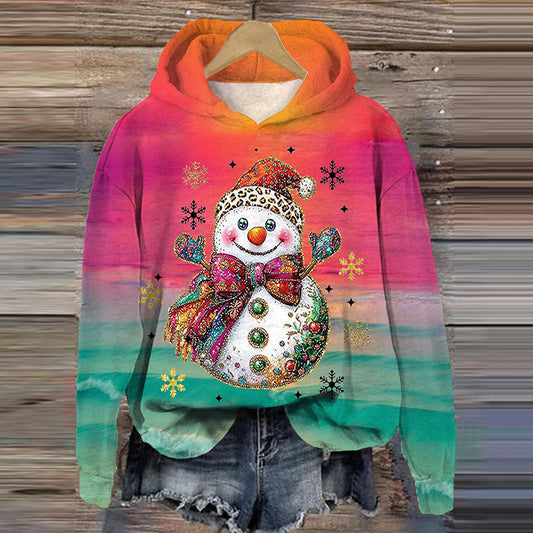 Comstylish Vintage Christmas Snowman Embroidery Print Hoodie