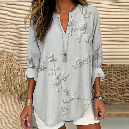Comstylish Japanese Art Floral Embroidery Women's Linen V-neck Long Sleeve Shirt