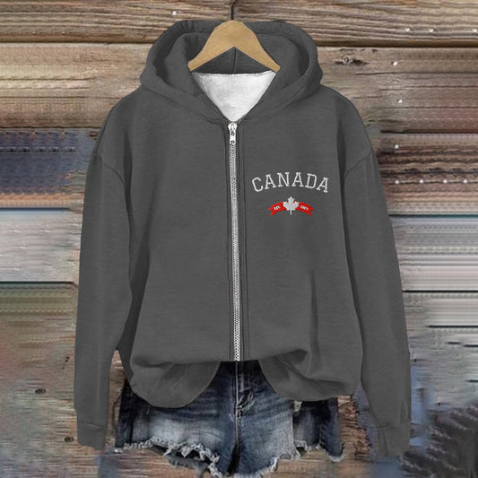 Comstylish Women's Canadian Print Casual Zip Hoodie