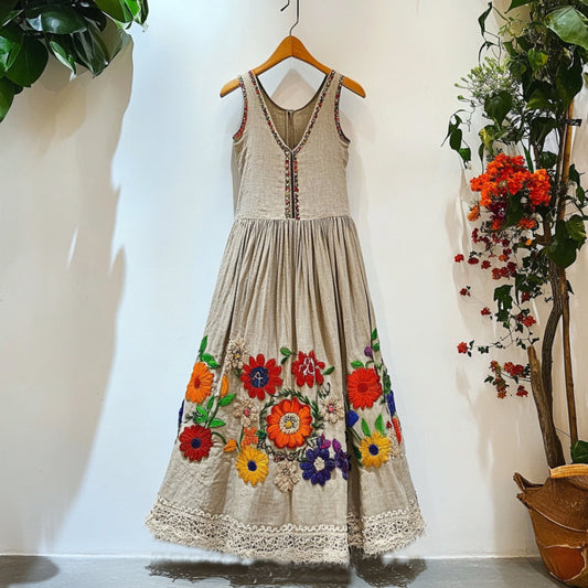 Bohemian Floral Embroidered Lace Patchwork Linen Vest Maxi Dress artswardrobe