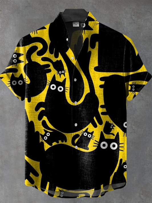 Vintage Yellow And Black Contrasting Color Cartoon Cat Art Print Casual Shirt elevenforest