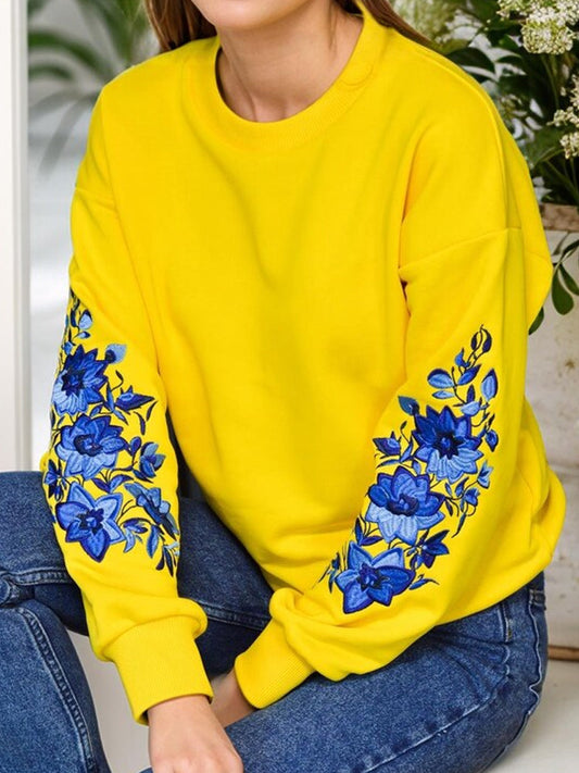 Comstylish Ukraine Ethnic Floral Embroidered Crewneck Cozy Sweatshirt