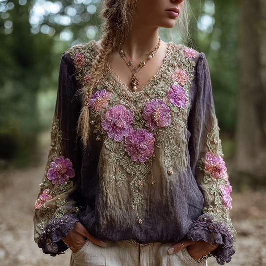 Comstylish Bohemian Style Round Neck Long Sleeve 3d Purple Flower Design Cotton And Linen Top For Women