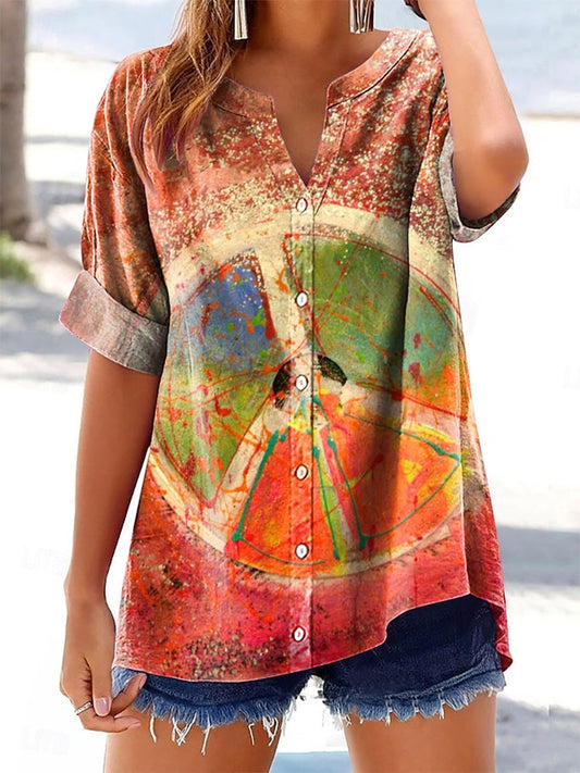 Women's Colorful Hippie Peace Print Casual Cotton And Linen Short Slee