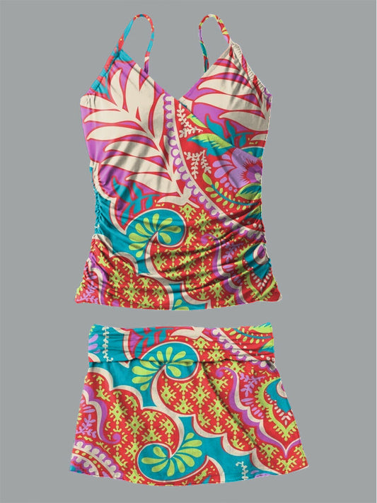 Women's Vintage Bohemian Floral Print Shirred Suspender Swimsuit Set