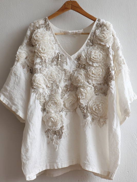Bohemian Style Woman's V-neck White Rose Short-sleeved Shirt artswardrobe