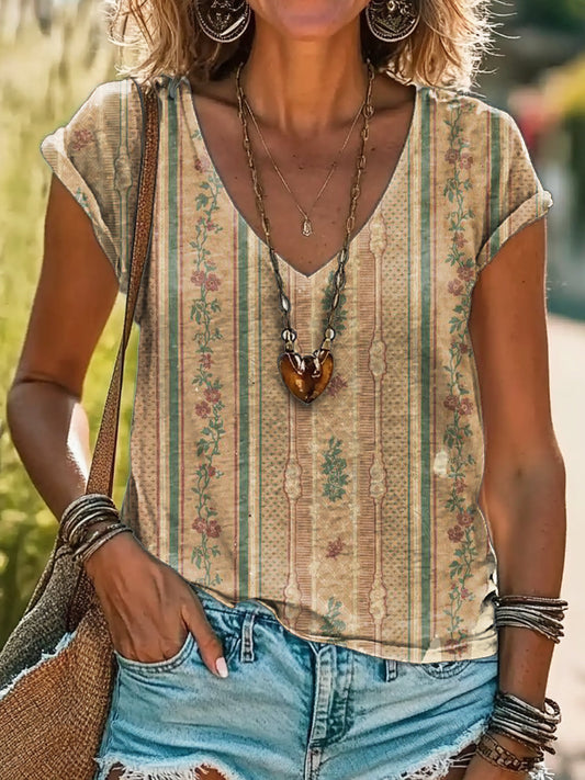 Vintage Ethnic Floral Art Print 100%Cotton V-neck T-Shirt