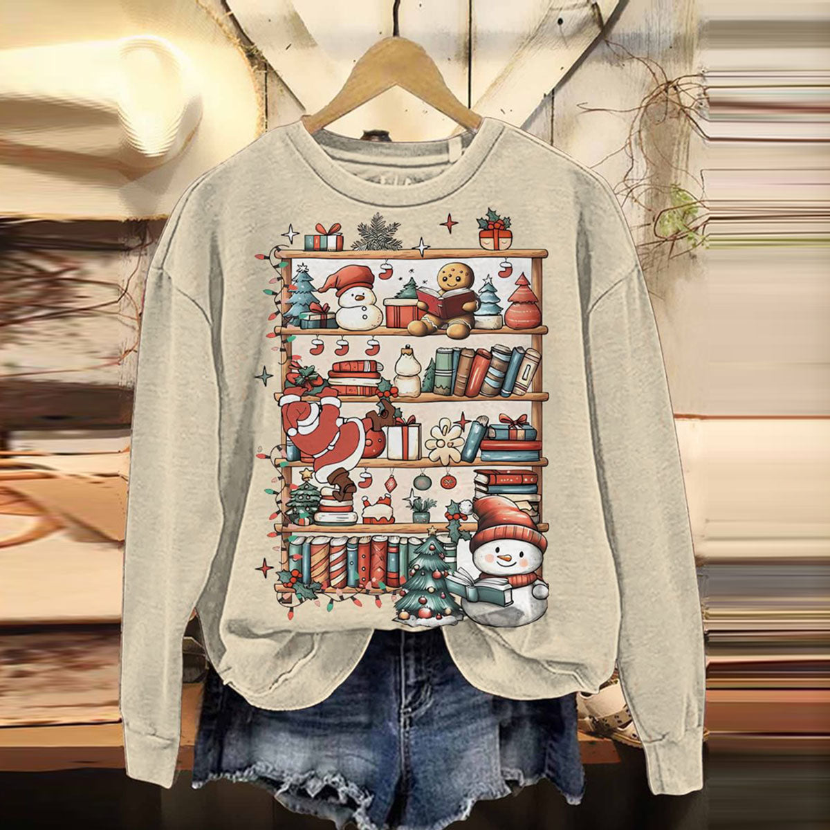 Comstylish Women's Cute Christmas Bookshelf Print Casual Sweatshirt