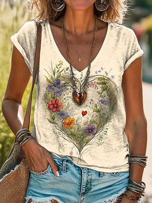 Women's Floral Heart Art Print 100% Cotton V-Neck T-Shirt