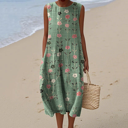 Women's Vintage Floral Art Linen Tank Dress artswardrobe