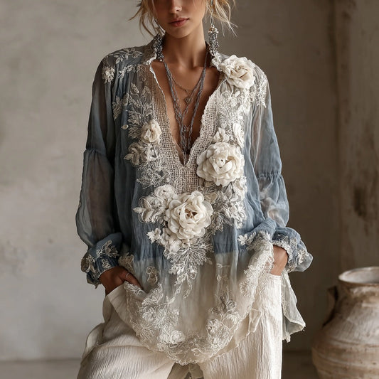 Comstylish Women's Vintage White Rose Embroidery Casual Shirt