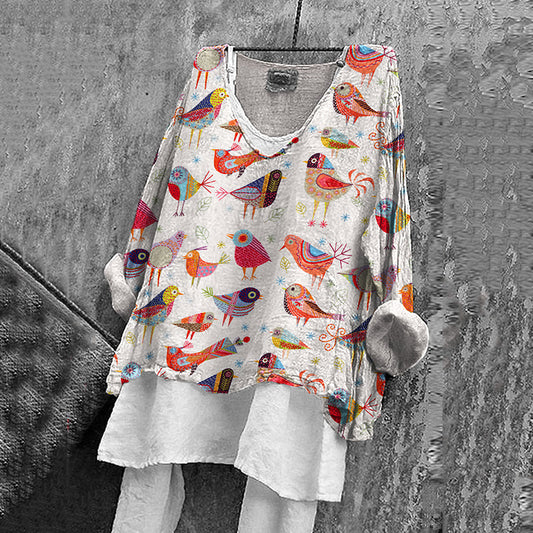 Comstylish Women's Vintage Floral Bird Pattern Comfort Shirt
