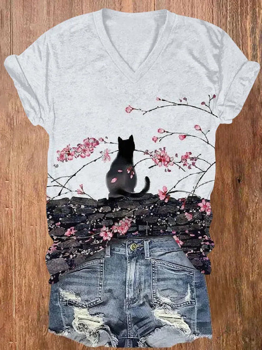 Comstylish Japanese Style Plum Cat Ink Painting Art Print Short Sleeve V-neck T-shirt