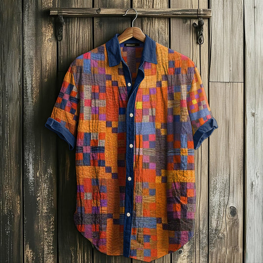 Men's Retro Amish Quilt Patchwork Short Sleeved Linen Shirt artswardrobe