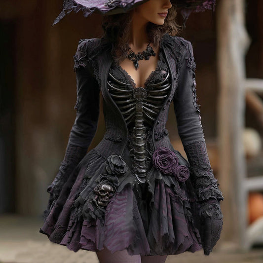 Comstylish Women's Halloween Rose Skeleton Gothic Witch Midi Dress