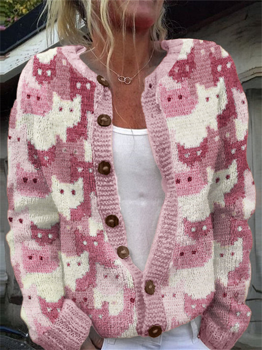 Comstylish Crowded Cats Pink Colorblock Knit Cozy Cardigan