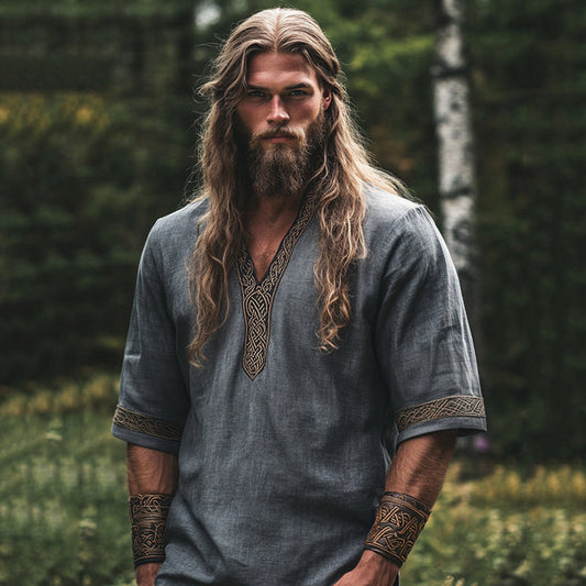Men's Viking Tribal With Celtic Knotwork Embroidered Linen T-shirt artswardrobe