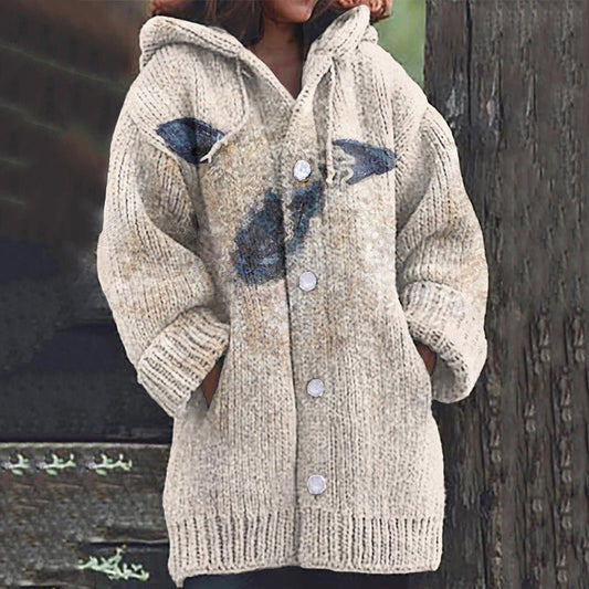 Lamb Print Women's Hooded Cardigan Sweater artswardrobe