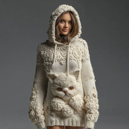 Women's Vintage Cute Cat Art Knitted Warm Cazy Hooded Sweater