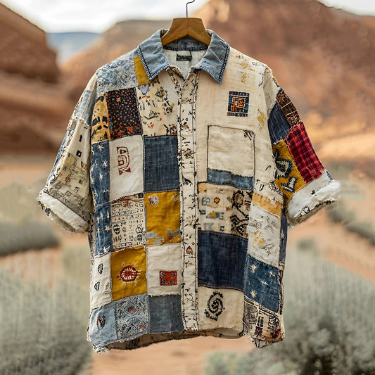 Men's Vintage Spliced ​​contrasting Linen Shirt artswardrobe