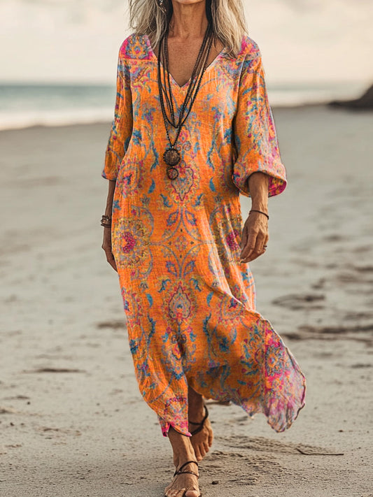 Women's Retro Totem Folk Flower Art Print Pocket Cotton Dress
