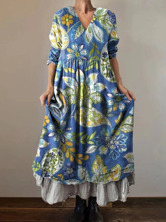 Women's Floral Art Print V-Neck Pocket Cotton Dress