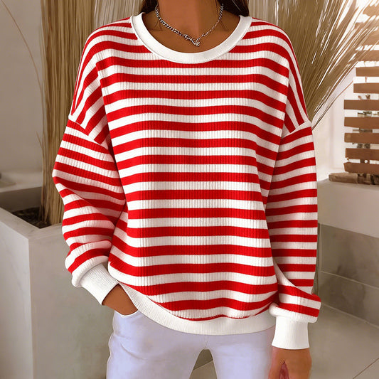 Comstylish Women's Cologne Striped Print Crew Neck Casual Sweatshirt