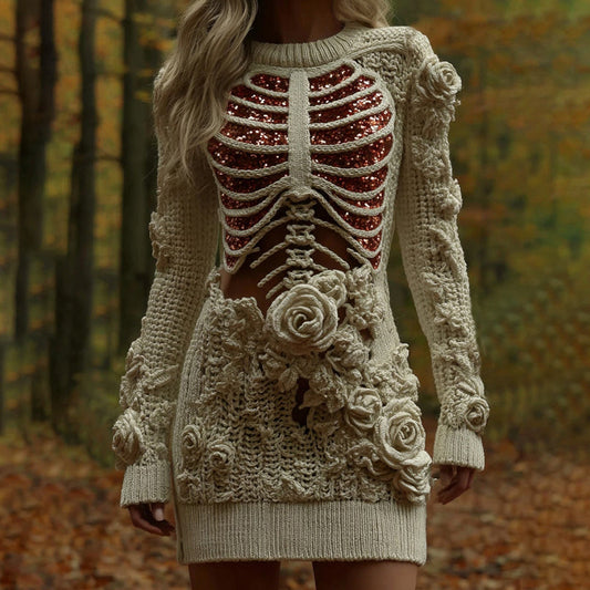 Comstylish Women's Vintage Rose Skeleton Art Round Neck Knit Mini Sweater Dress