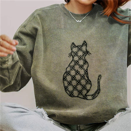 Comstylish Women'S Embroidered Cat Print Crew Neck Casual Sweatshirt