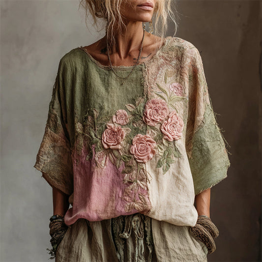 Vintage Pink Roses Embroidered Contrast Patchwork Linen Shirt artswardrobe