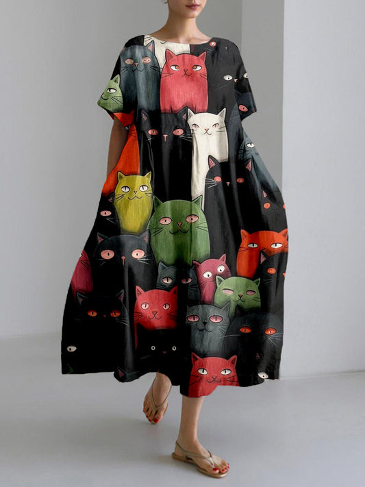 Cute Cats Graphic Linen Blend Cozy Maxi Dress elevenforest