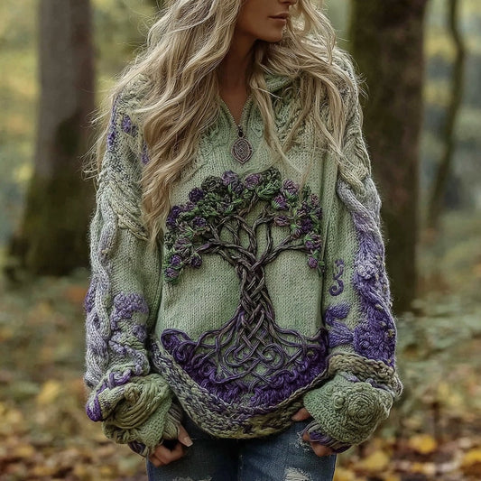 Women's Viking Tree Of Life Celtic Knot Knit Half-zip Sweater