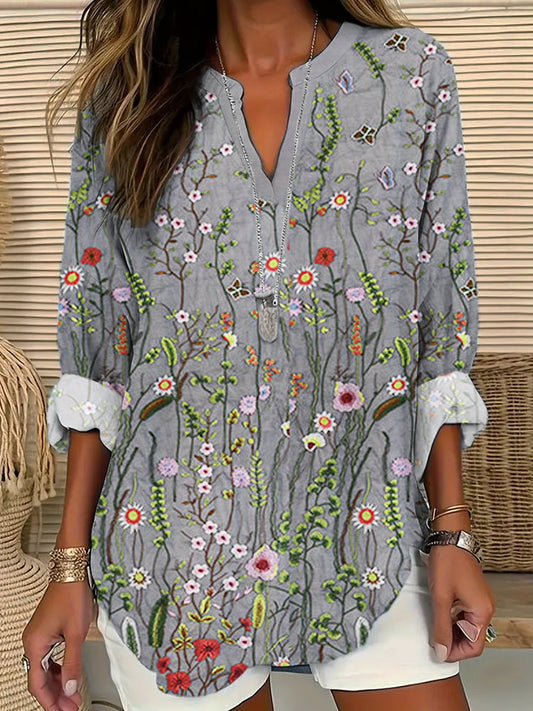 Comstylish Floral Embroidery Linen V-Neck Shirt