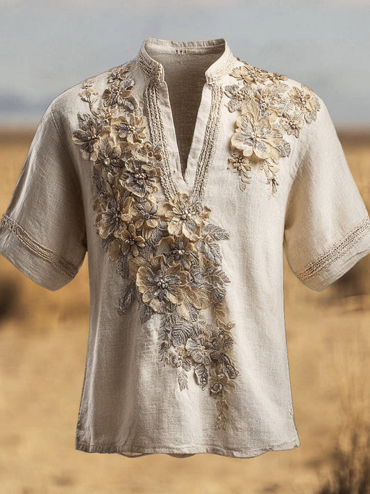 Boho Vintage Lace Floral Embroidery Men's Linen V-neck Shirt artswardrobe