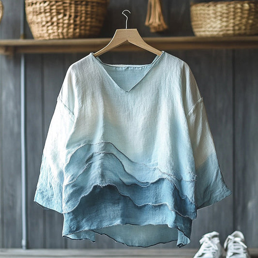 Comstylish Vintage Gradient Waves Inspired Embroidery Japanese Art Linen Blend Cozy Tunic