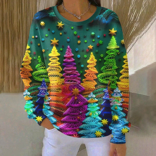 Comstylish Women's Christmas Tree Art Print Round Neck Long Sleeve Casual Sweatshirt