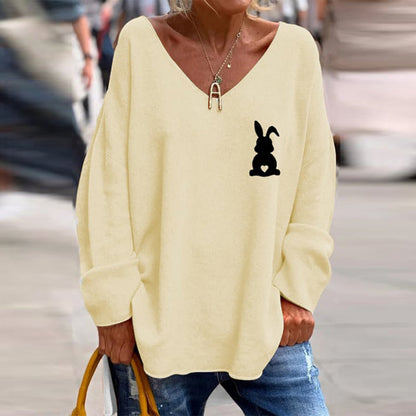 Women's Easter Bunny Print Casual V-Neck Loose T-Shirt artswardrobe