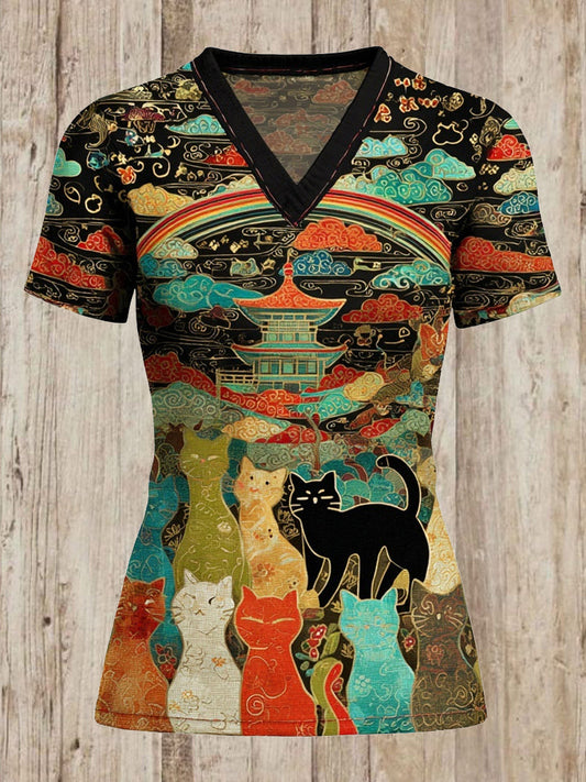 Comstylish Rainbow Bridge Cats Print Women's V Neck T-shirt