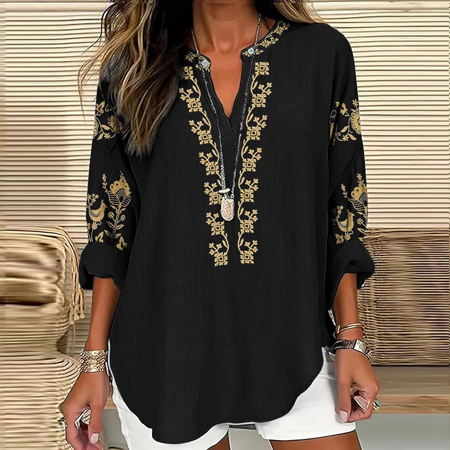 Comstylish Women's Vintage Ethnic Floral Linen V-neck Shirt