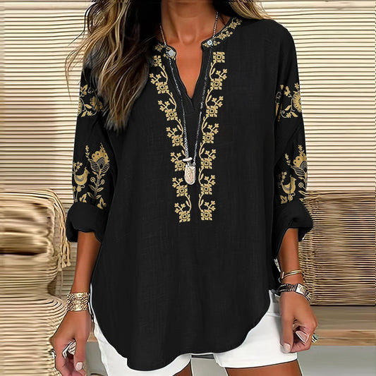 Comstylish Women's Vintage Ethnic Floral Linen V-neck Shirt
