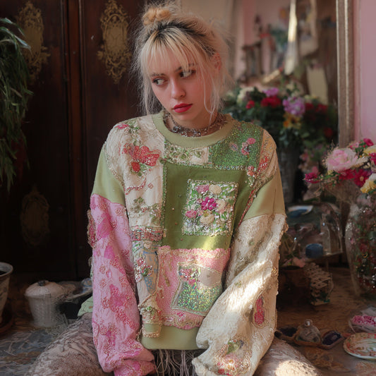 Comstylish Boho Floral Patchwork Embroidered Women's Casual Sweatshirt
