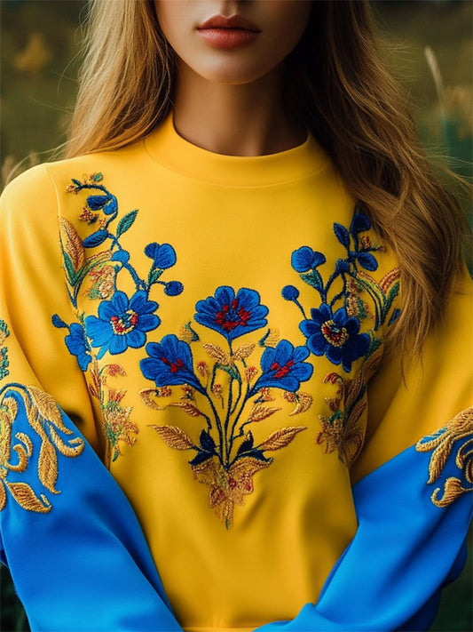 Comstylish Ukraine Ethnic Floral Embroidered Contrast Color Sweatshirt