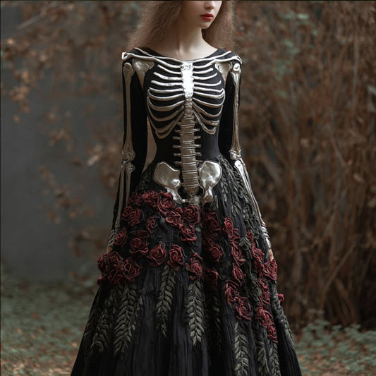 Comstylish Women's Halloween Skeleton Blood Rose Art Round Neck Long Sleeve Dress