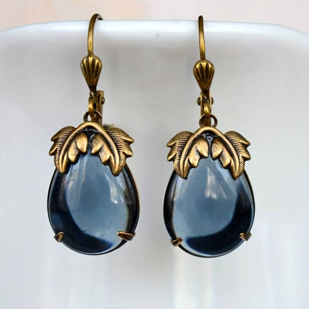 Blue Crystal Drop Gold Earrings